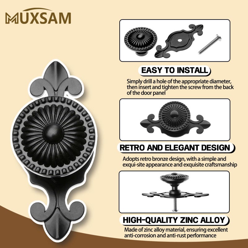 MUXSAM Kitchen Cabinet Knobs Pulls with Backplate, 2 in 1 Retro Round Metal Knob Pull Handle for Antique Dresser Drawer Cabinet Cupboard Wardrobe Door Room Hardware Decoration (5-Pack, Black) - Image 5